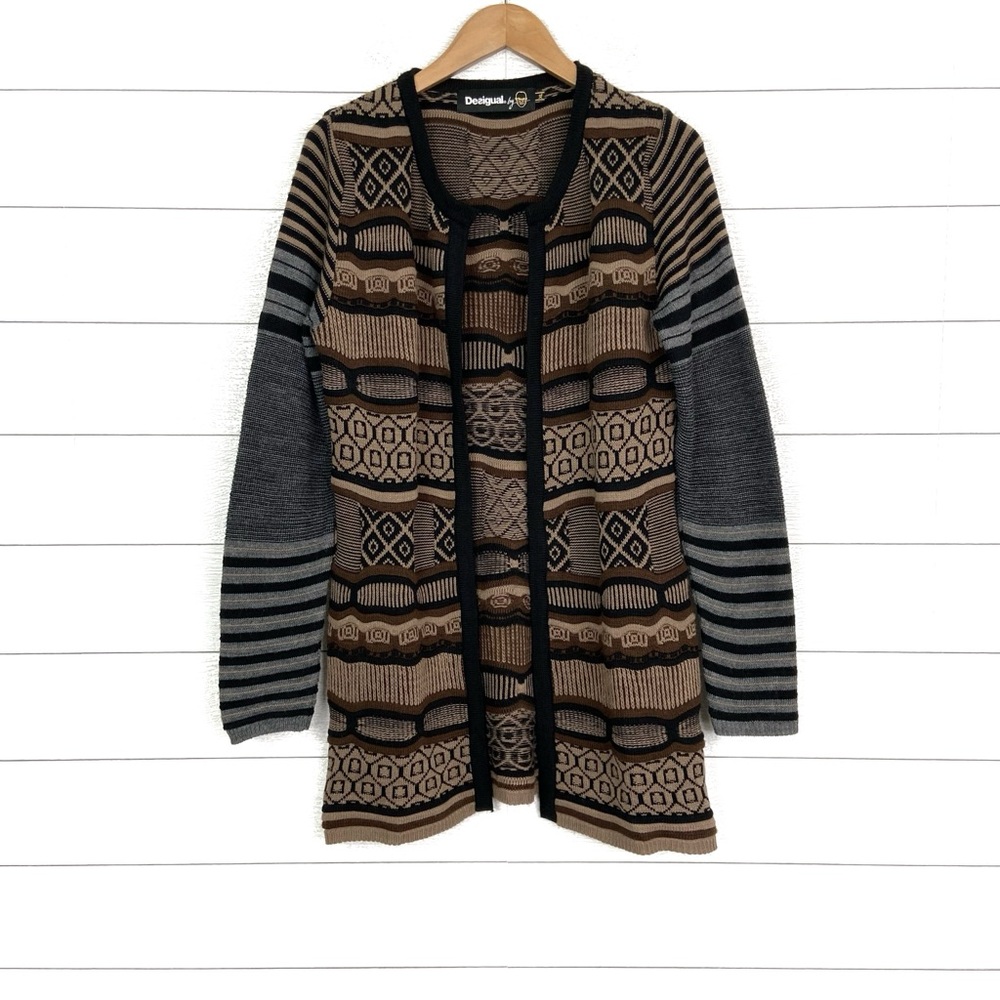 DESIGUAL Cardigan Sweater Jers Dounty Brown Geometric Knit Long Sleeve XL